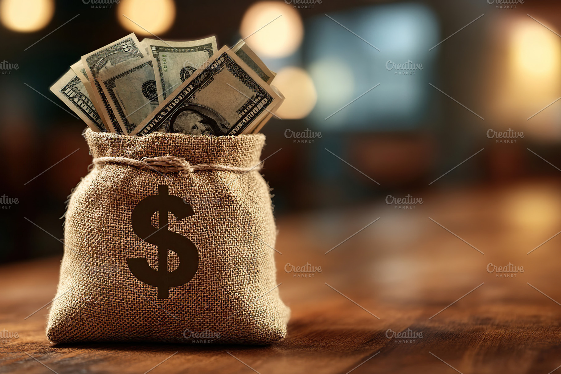 Burlap bag with dollar symbol and banknotes on wooden table, a Business Photo by AlyaAnd