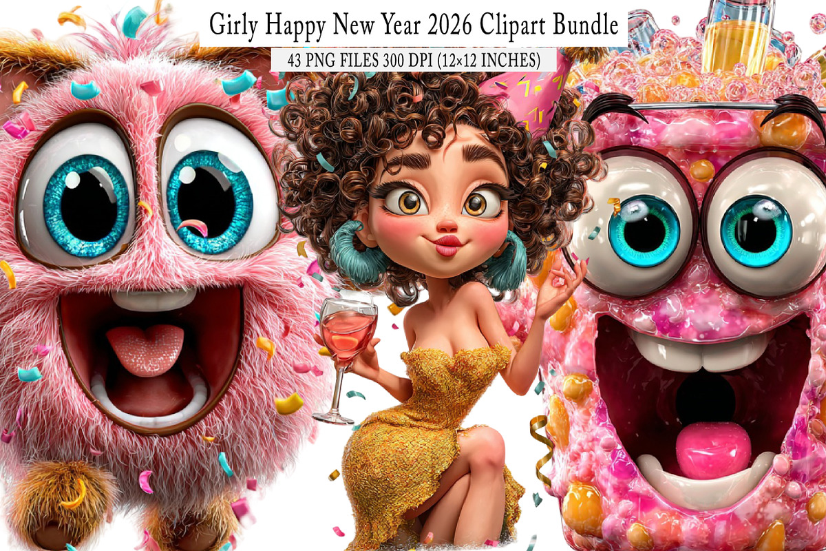 Girly Happy New Year 2026 Clipart, an Illustration by SinaCreation (Photo 1 of 7)