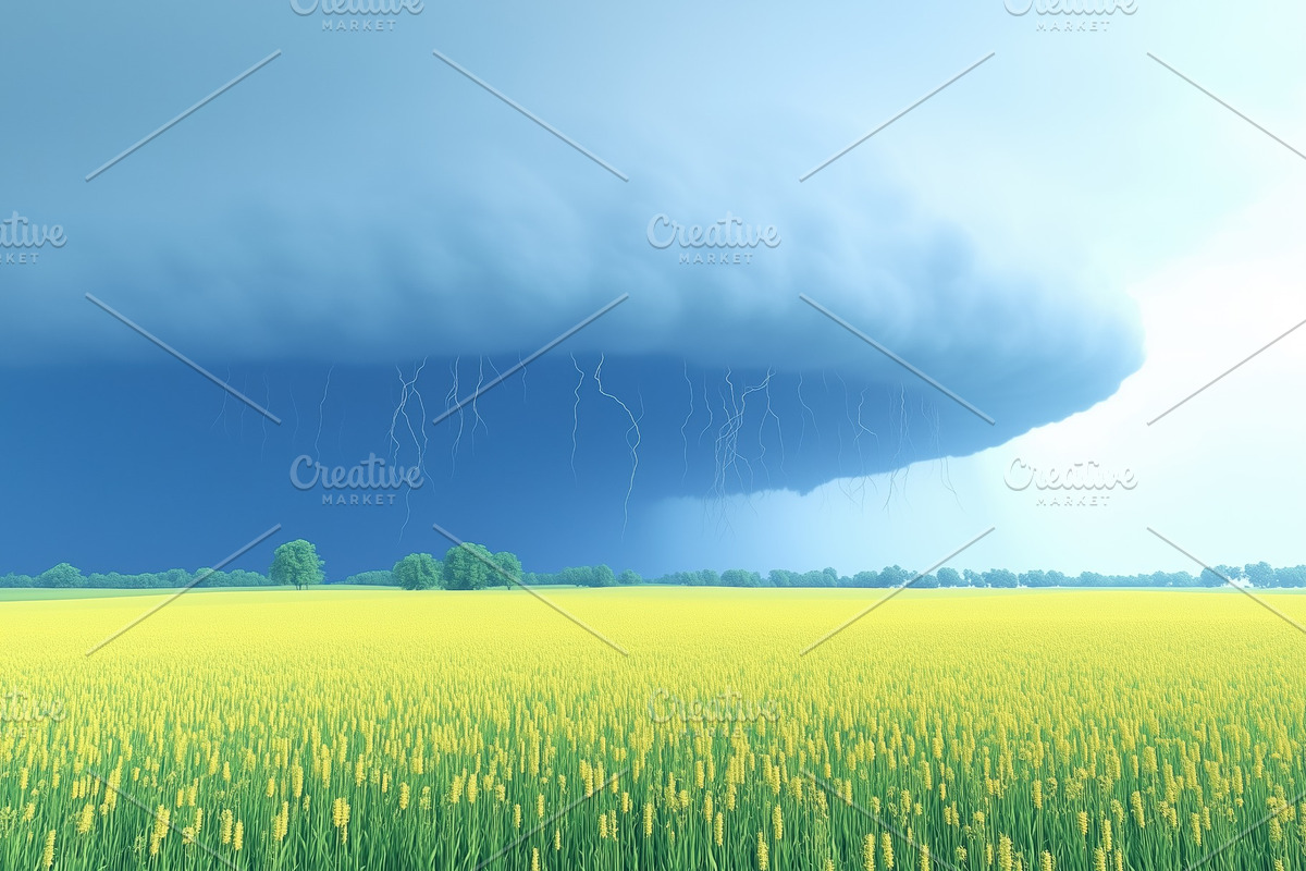 A dramatic storm cloud looms over a vibrant yellow field, with flashes of light, an Object Illustration by Textures & Backgrounds