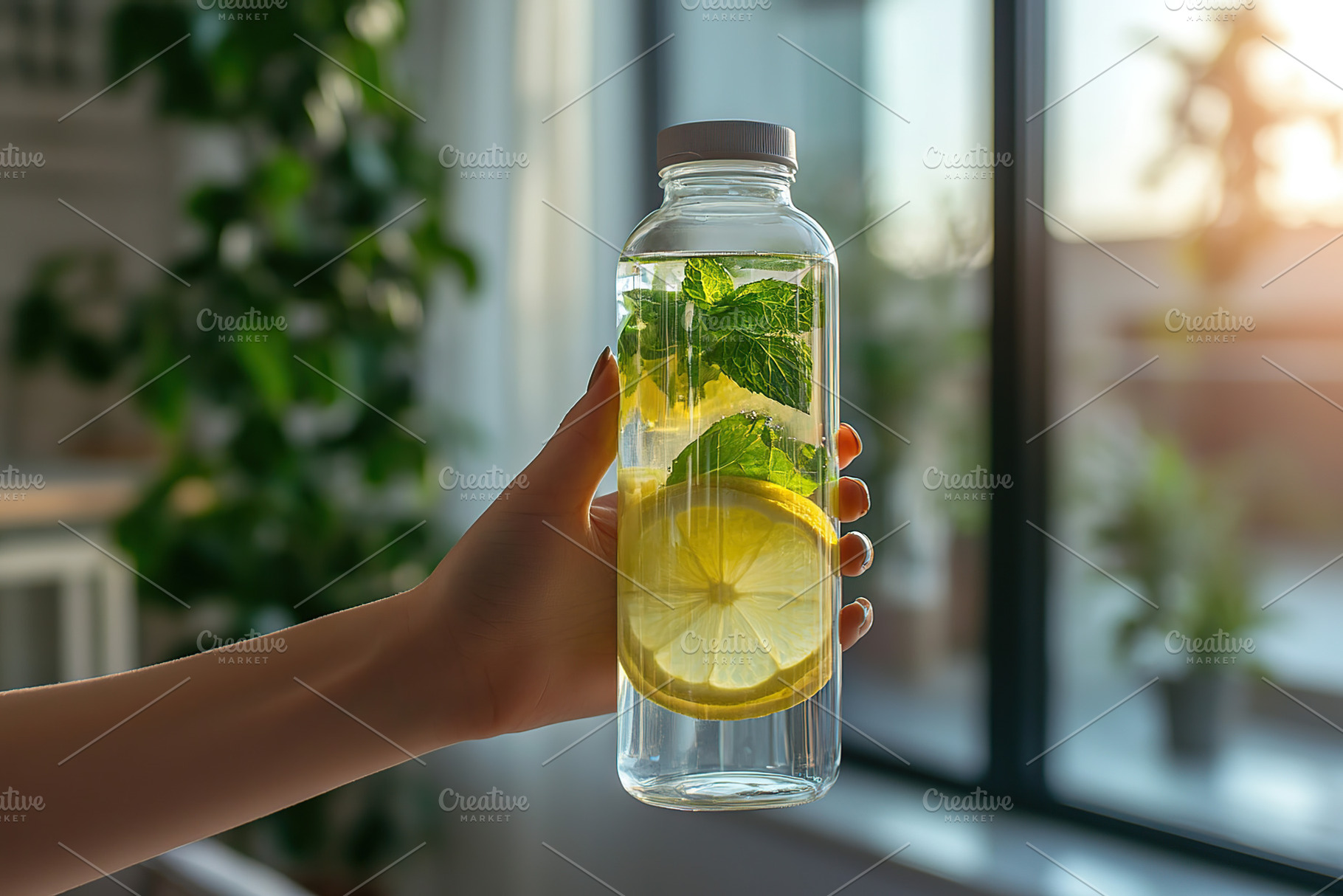 Hand holding a clear reusable water bottle filled with lemon and, a Food & Drink Photo by AlyaAnd
