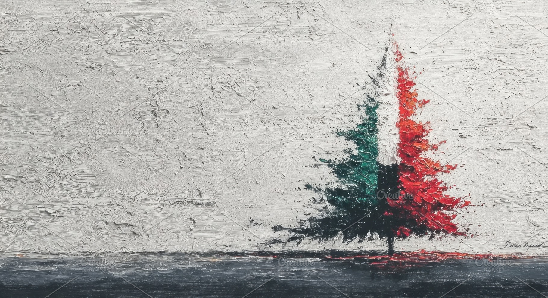 Oil painting of a pine tree with red white green and black textu, an Abstract Photo by José Manuel Gelpi