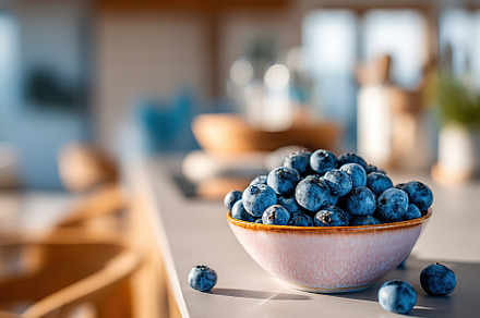 Picking fresh blueberries in a ceramic bowl on a sunny kitchen counter, a Food & Drink Photo by AlyaAnd