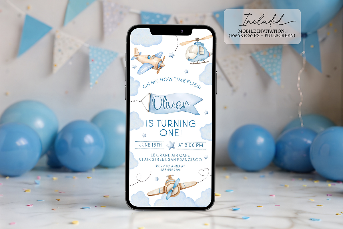 Airplane First Birthday Invite Set, a Templates & Theme by VeliusCreativeStudio (Photo 4 of 5)