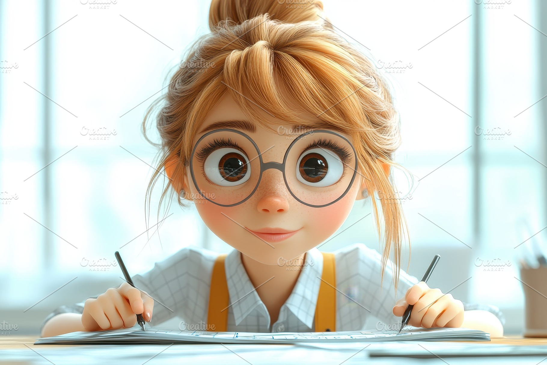 Young girl studying intently at a de, a Photo by Tanuart
