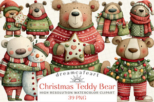 Christmas Teddy Bear Clipart, an Illustration by DreamCafeArt