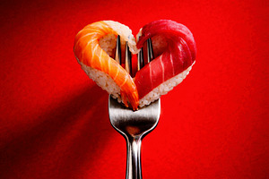 heart-shaped salmon and tuna nigiri, generative AI, a Photo by Nito
