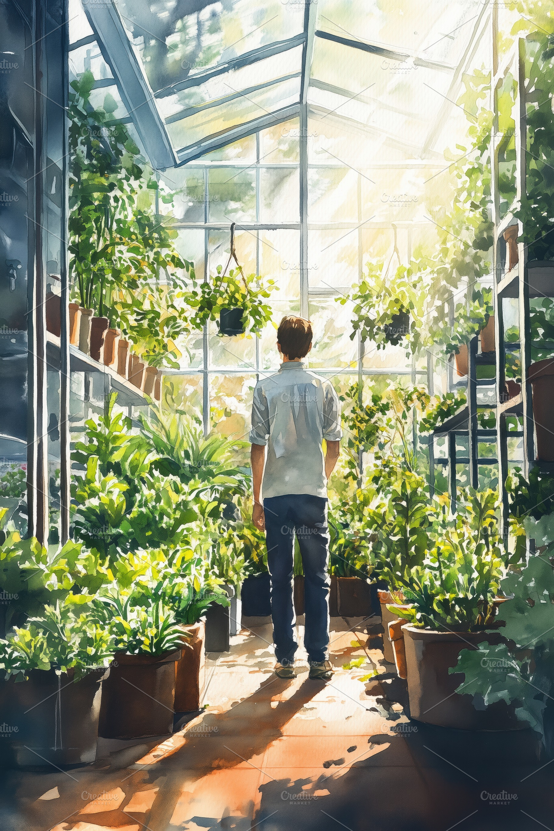 A person standing in a sunlit greenhouse surrounded by lush plants and flowers., a Technology Photo by Textures & Backgrounds