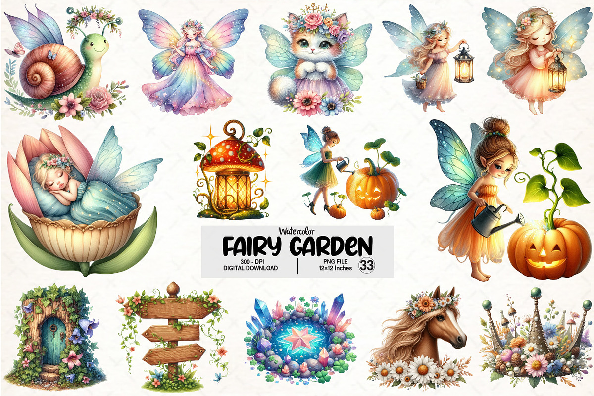 Fairy Garden Watercolor Clipart, an Illustration by Pixels.Craft (Photo 1 of 7)