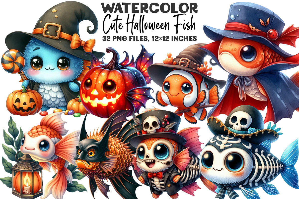 Cute Halloween Fish Clipart, an Illustration by DreamArtGraphic (Photo 1 of 5)