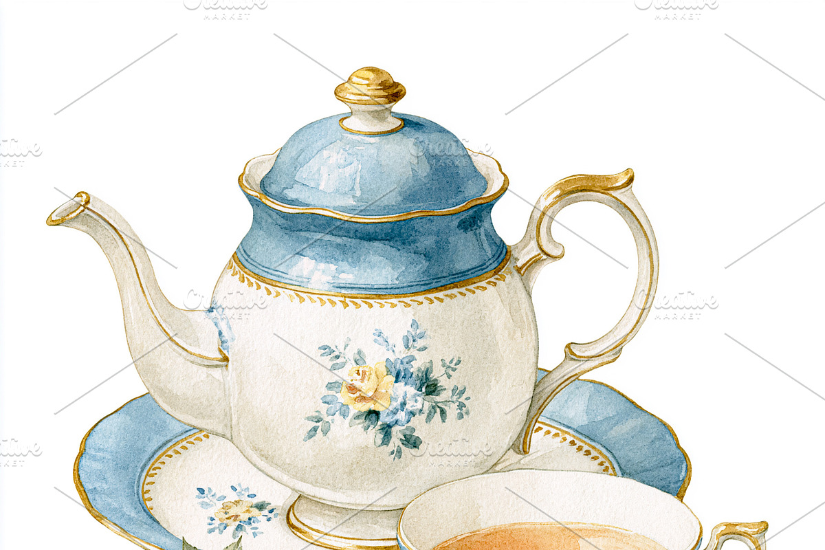 Vintage teapot and teacup with served tea, delicate watercolor illustration wit, an Illustration by Studio ANNA