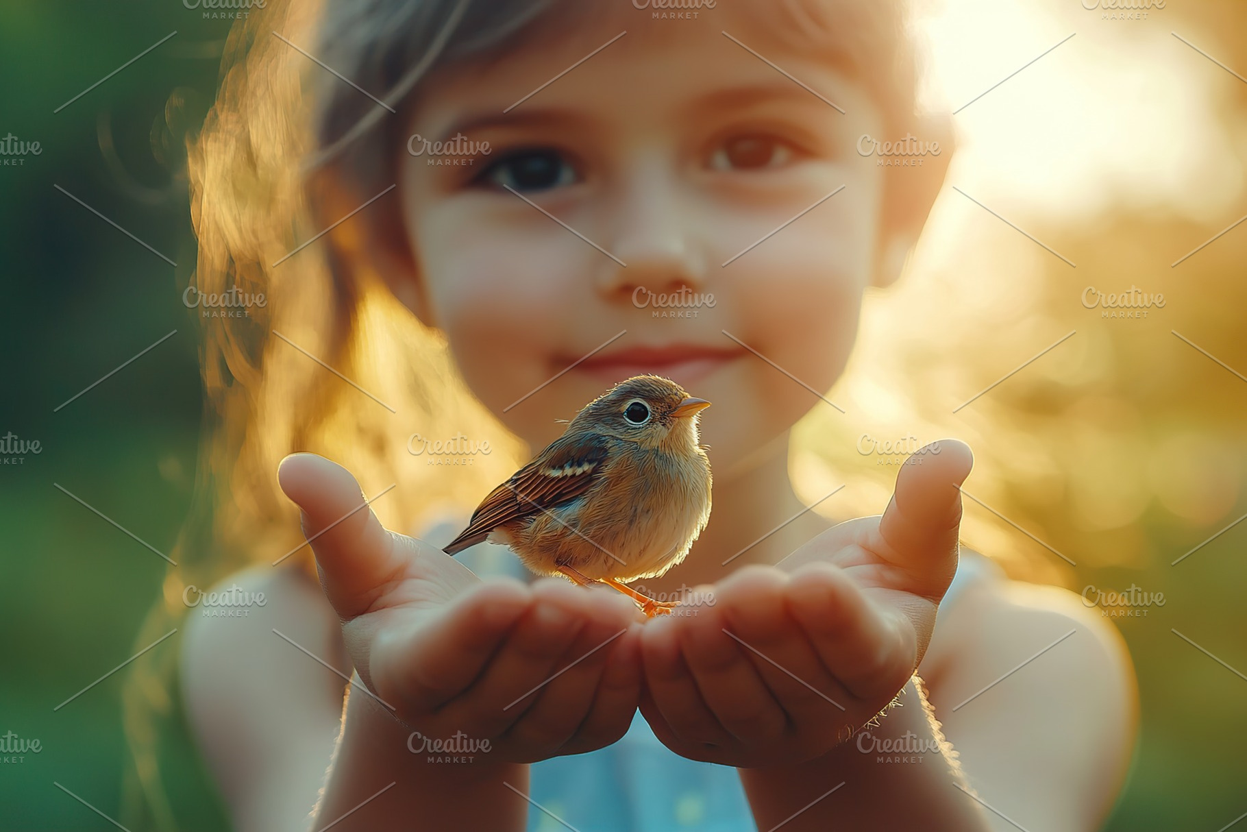 Girl gently holds a small bird in her palms during golden hour outdoors, a Person Photo by AlyaAnd