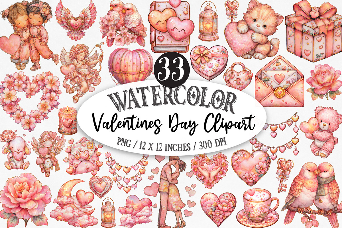 Watercolor Valentines Day Clipart, an Illustration by Designking (Photo 1 of 5)