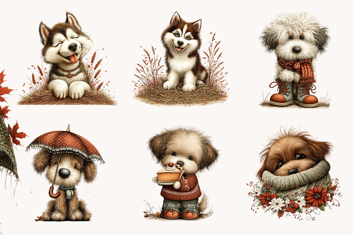 Whimsical Autumn Dog Clipart, a Seasonal Illustration by Designworld (Photo 2 of 10)