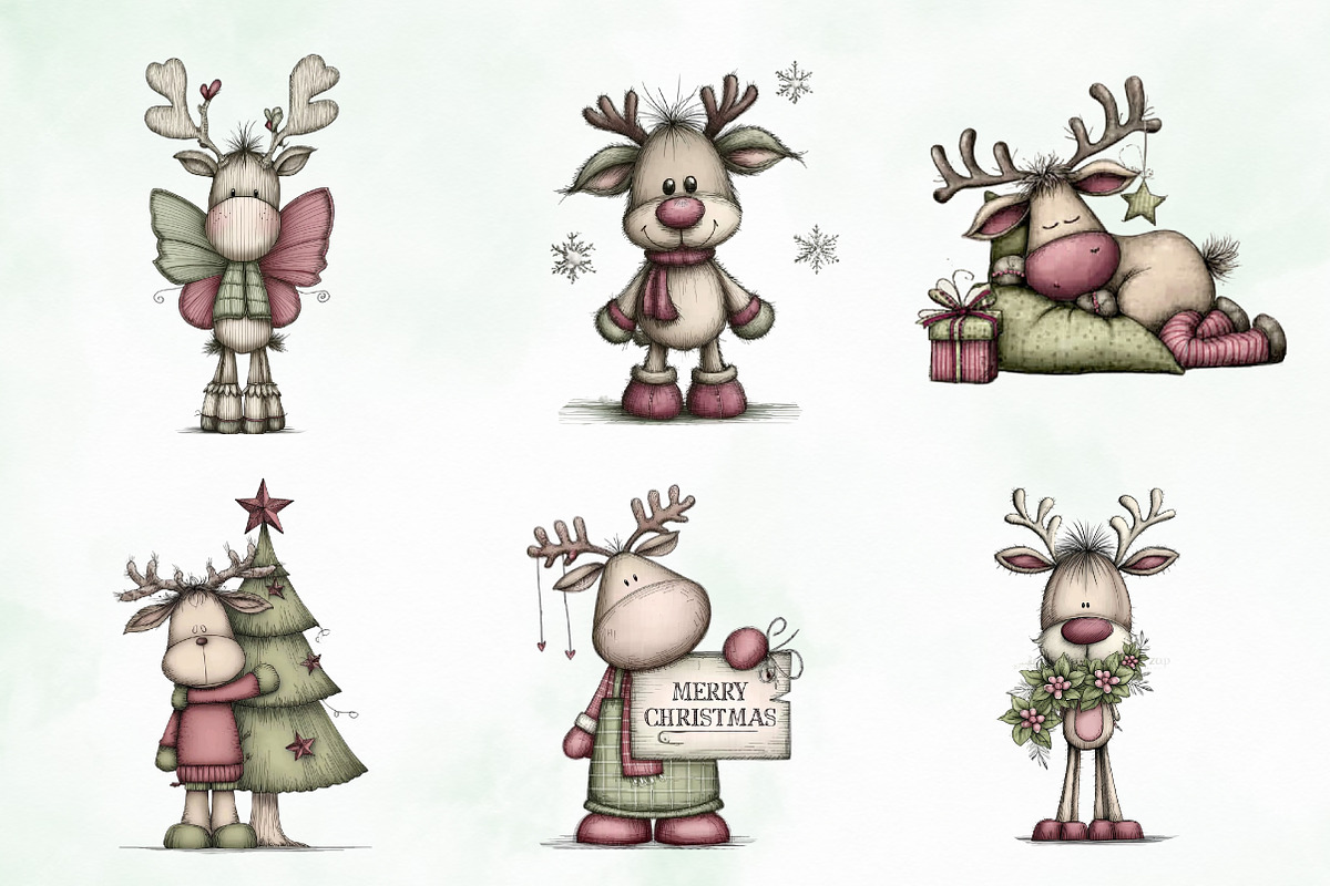 Whimsical Christmas Reindeer Clipart, an Illustration by Creative Art (Photo 7 of 13)