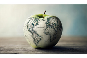 Green apple with a world map, a Food & Drink Photo by tilialucida