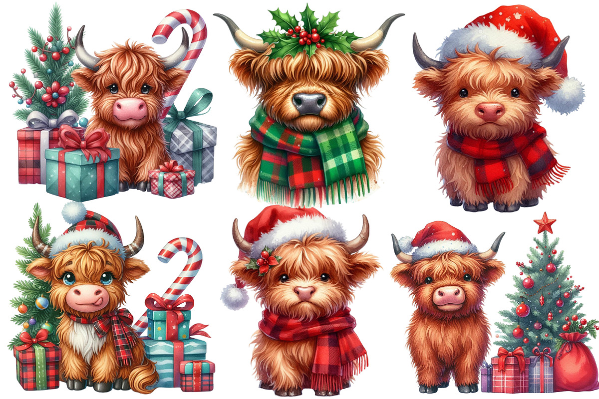 Christmas Highland cow clipart, an Illustration by Designworld (Photo 3 of 6)