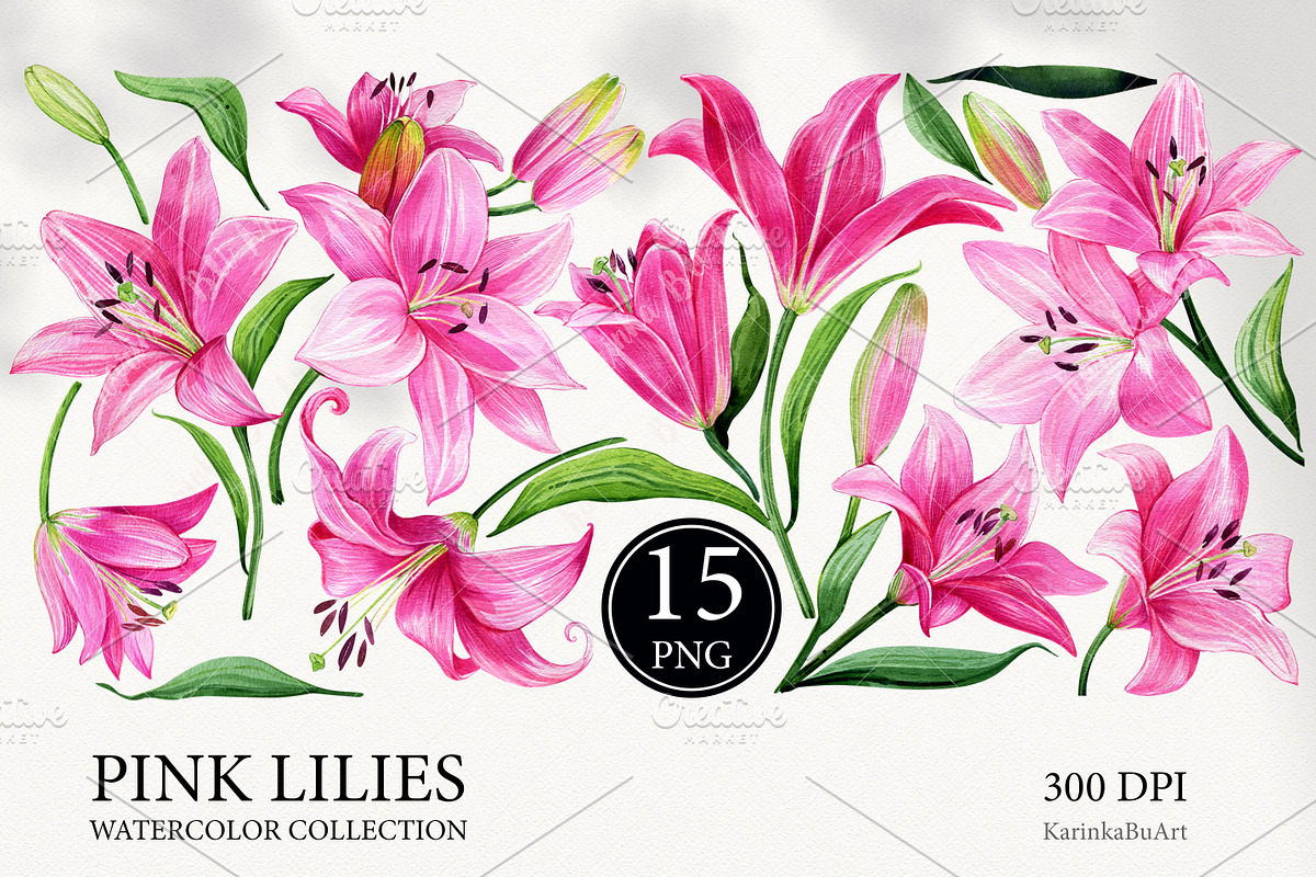 Watercolor Pink Lily Floral Elements, an Object Graphic by KarinkaBU (Photo 3 of 6)