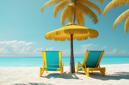 Illustration of deck chairs on sandy beach near palm tree. Generative AI, a Nature Photo by AlyaAnd