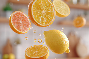 Floating citrus fruits surrounded by droplets in a bright kitchen setting, a Food & Drink Photo by AlyaAnd