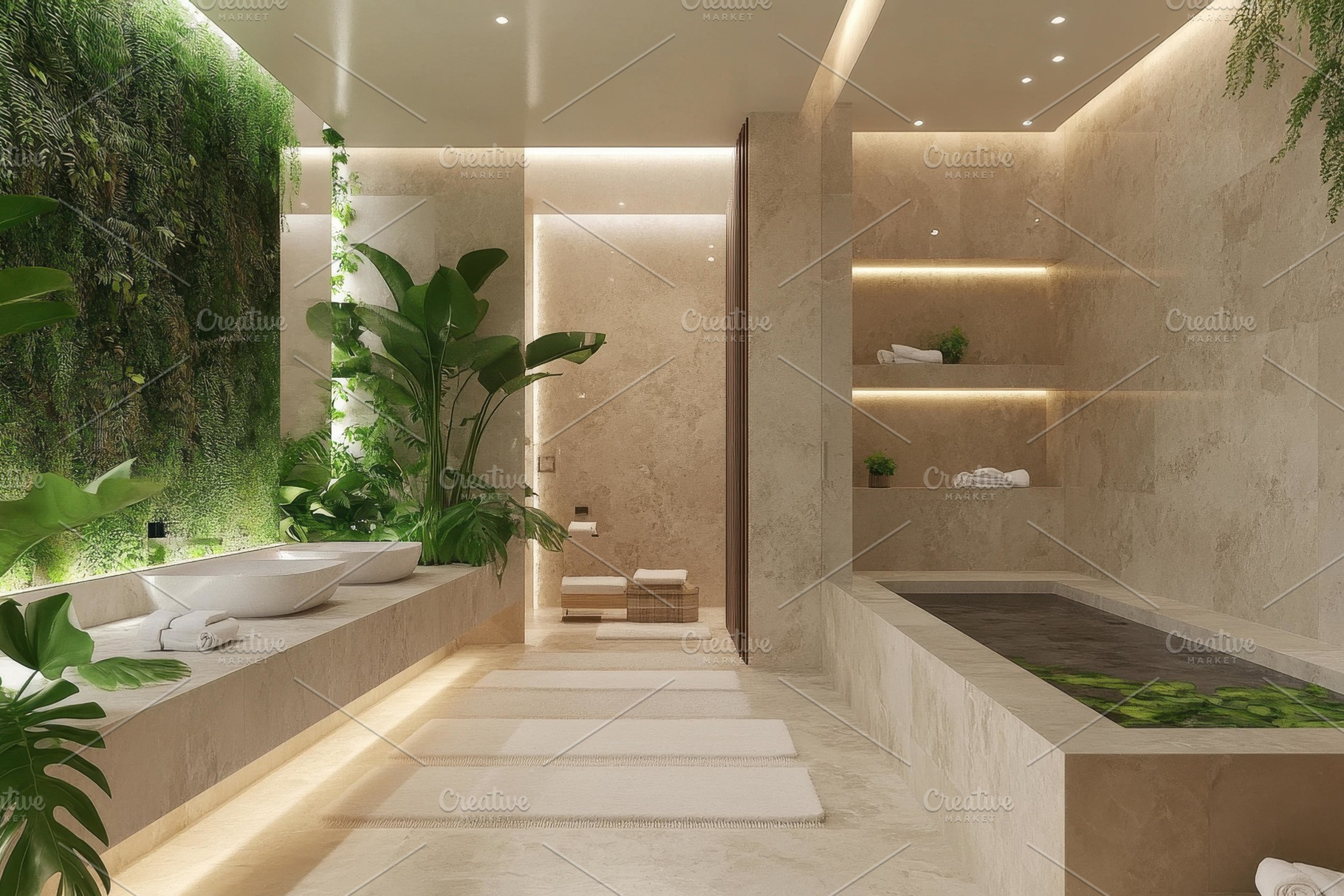 Serene spa interior showcasing natur, a Photo by Tanuart