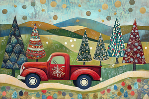Red Truck with Tree in Winter Art, a Decorative Illustration by Art Paradise Studios
