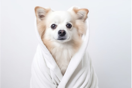 Dog white bathrobe. Generate Ai, an Animal Photo by Ylivdesign
