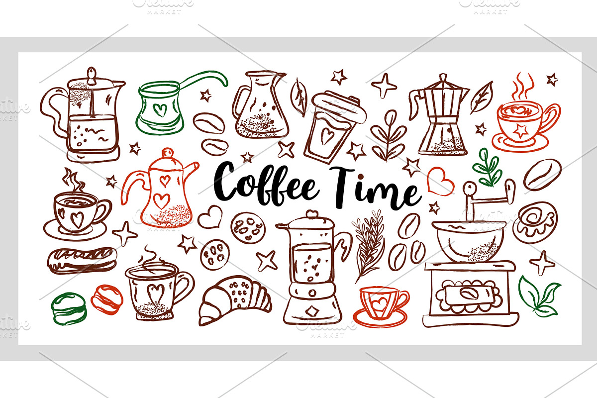 Coffee Time Set a cozy hand drawn, a Food Illustration by Lucia Fox