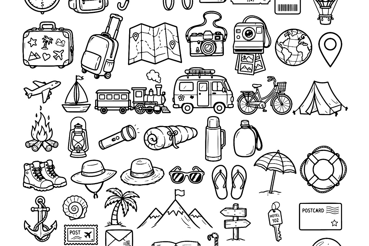 Set of travel outline doodle signs, a Transportation Illustration by Voodz_shop (Photo 2 of 3)