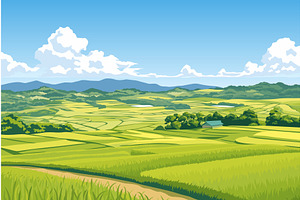 Cartoon rice fields in the middle of, an Illustration by LadadikArt