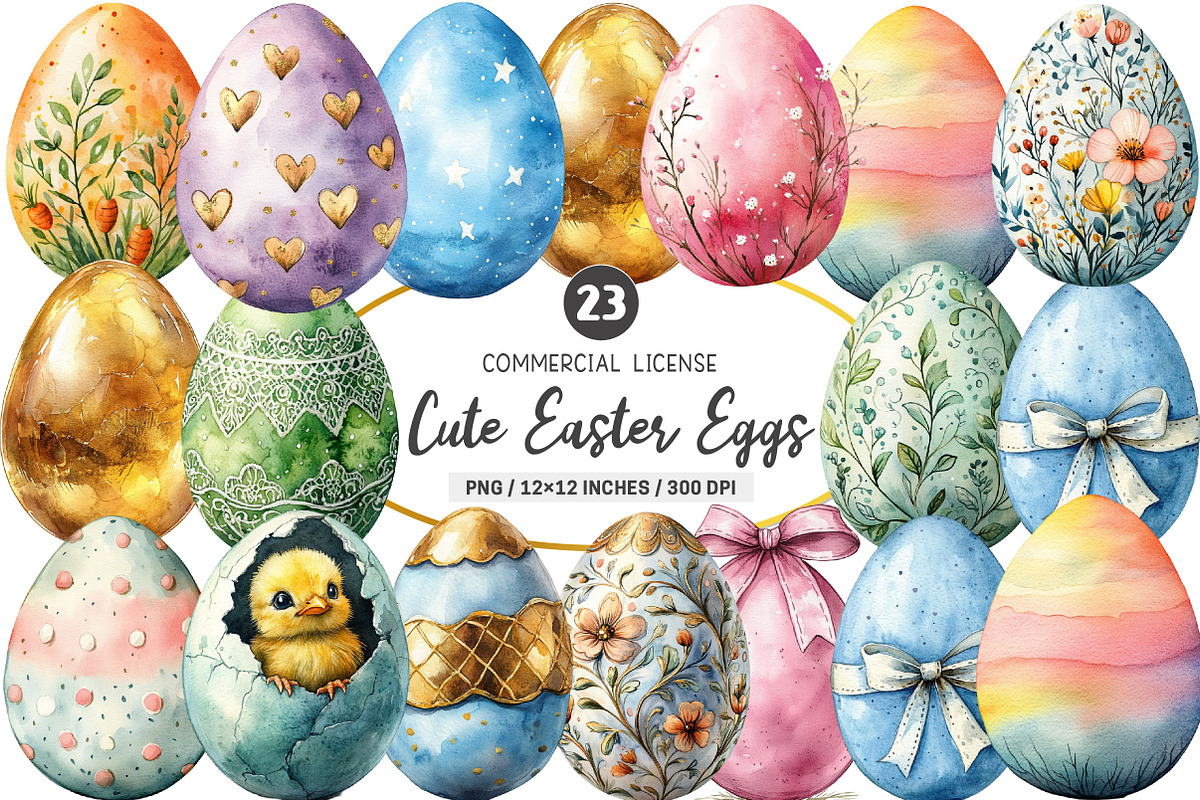 Cute Easter Eggs Watercolor Clipart, an Illustration by SinaCreation (Photo 1 of 5)