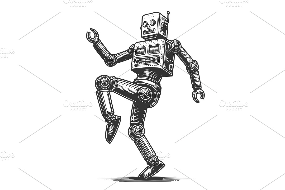 Dancing robot engraving sketch, a Technology Illustration by AlexArt