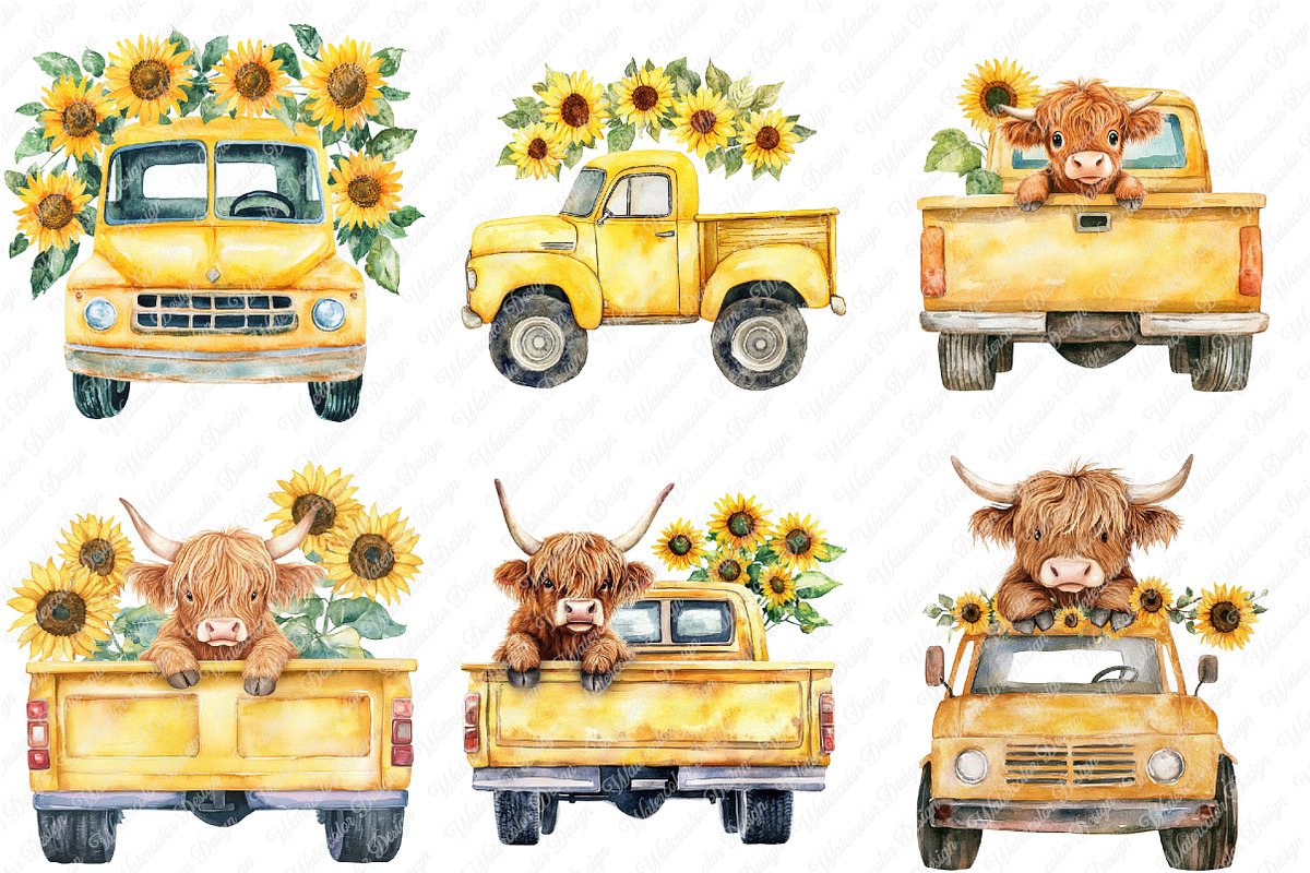 Sunflower Highland Cow Truck Clipart, an Illustration by Watercolor design (Photo 4 of 12)