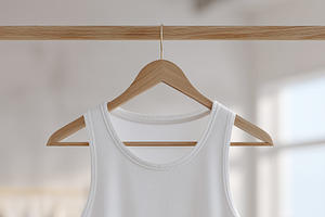 A plain white tank top mockup hanging on a wooden hanger in a bright, airy room