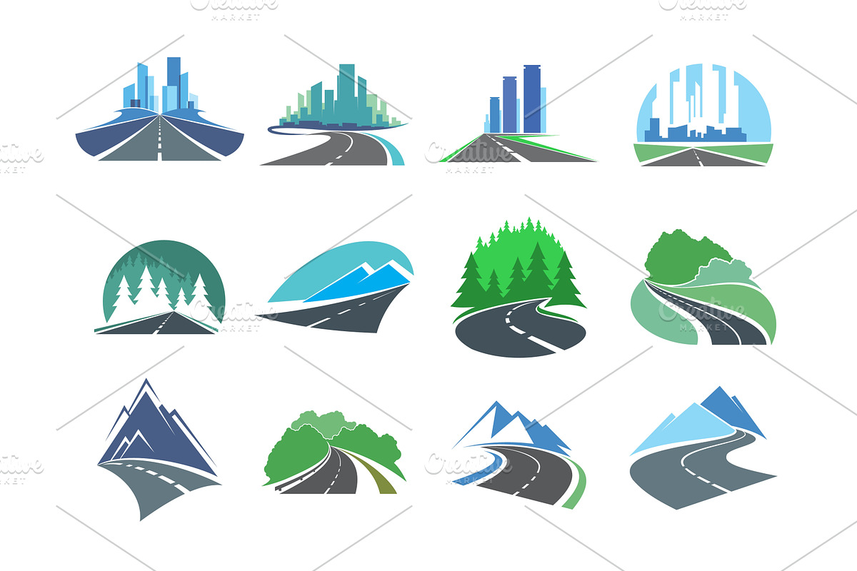 Highway icon with skyscrapers, a Transportation Illustration by Vector Tradition