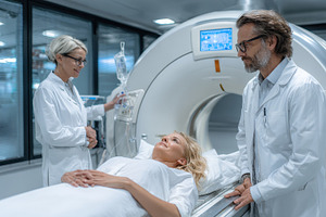 Woman undergoing MRI scan with docto, a Photo by Pixeness Studio