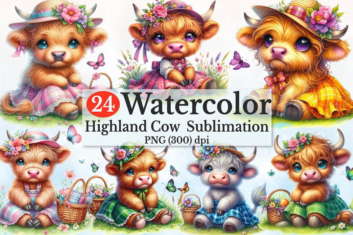 Watercolor Cute Highland Cow Clipar, a Seasonal Illustration by Rose Art (Photo 1 of 7)