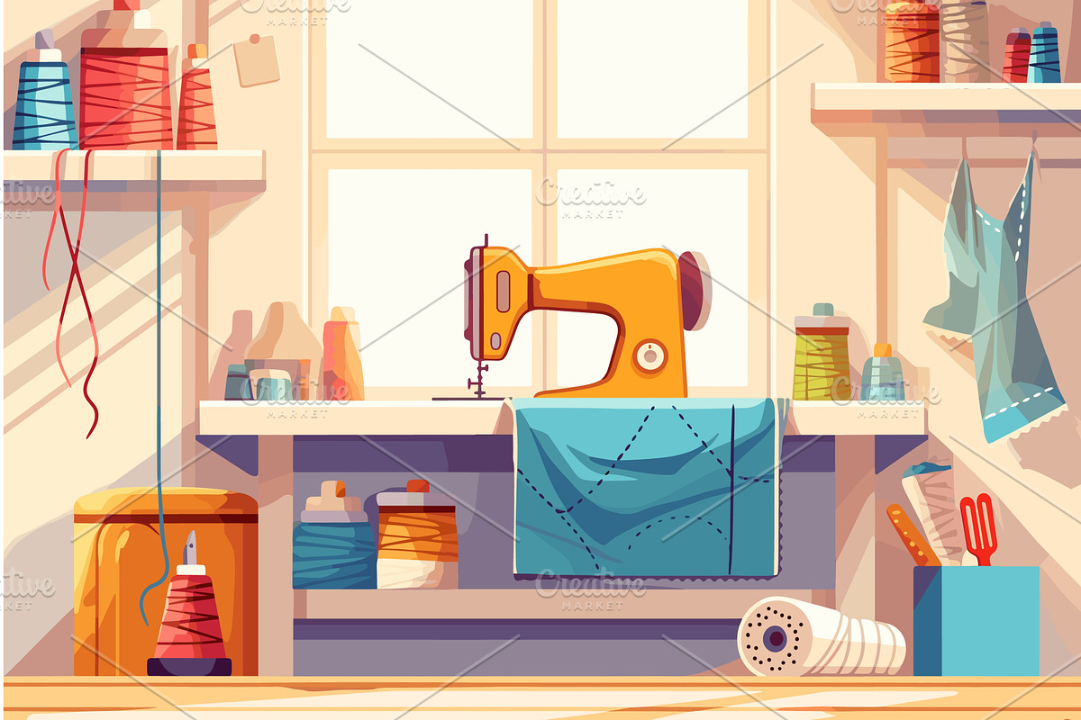 Interior of a cartoon tailors room, an Object Illustration by LadadikArt