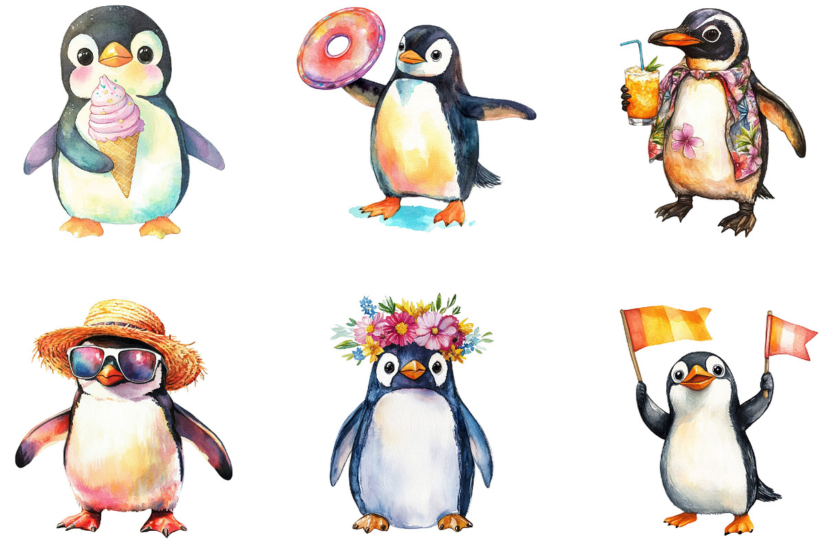 Watercolor Summer Penguin Clipart, a Seasonal Illustration by Designking (Photo 3 of 5)