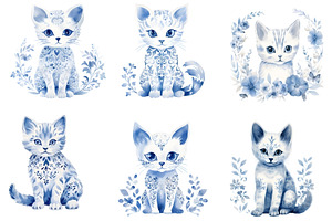 Blue Toile Pattern Cat Clipart