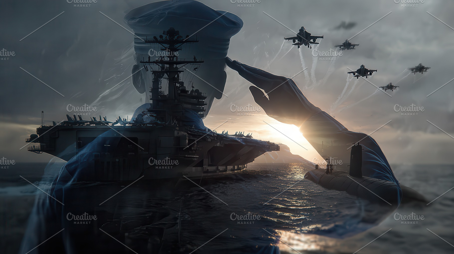 Sailor saluting aircraft carrier sun, a Photo by Pixeness Studio