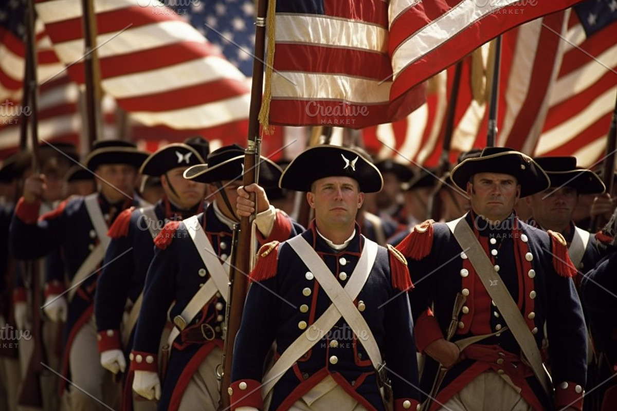 American, soldiers, War of Independence, marching, U.S. flags, b, a Person Illustration by Masson Simon