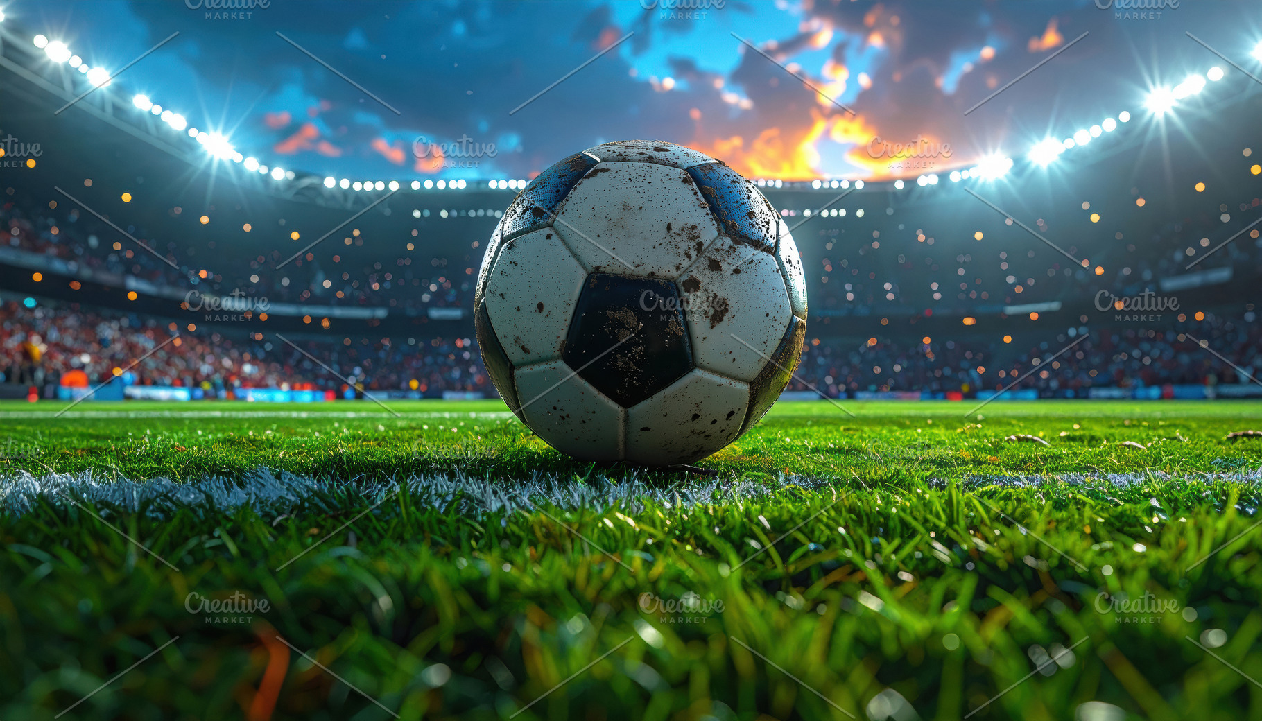 Soccer ball on stadium grass at sunset, a Sports & Recreation Photo by Davizro's Market