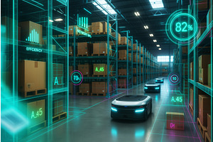Futuristic warehouse with autonomous, a Technology Illustration by Sergey Kotenev