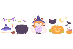 Magic fox and Halloween elements, an Illustration by LadadikArt