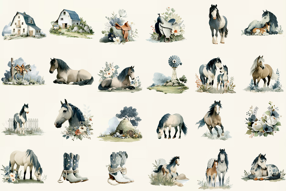 Horse Clipart, Horse Illustration Se, an Illustration by DreamCafeArt (Photo 2 of 6)