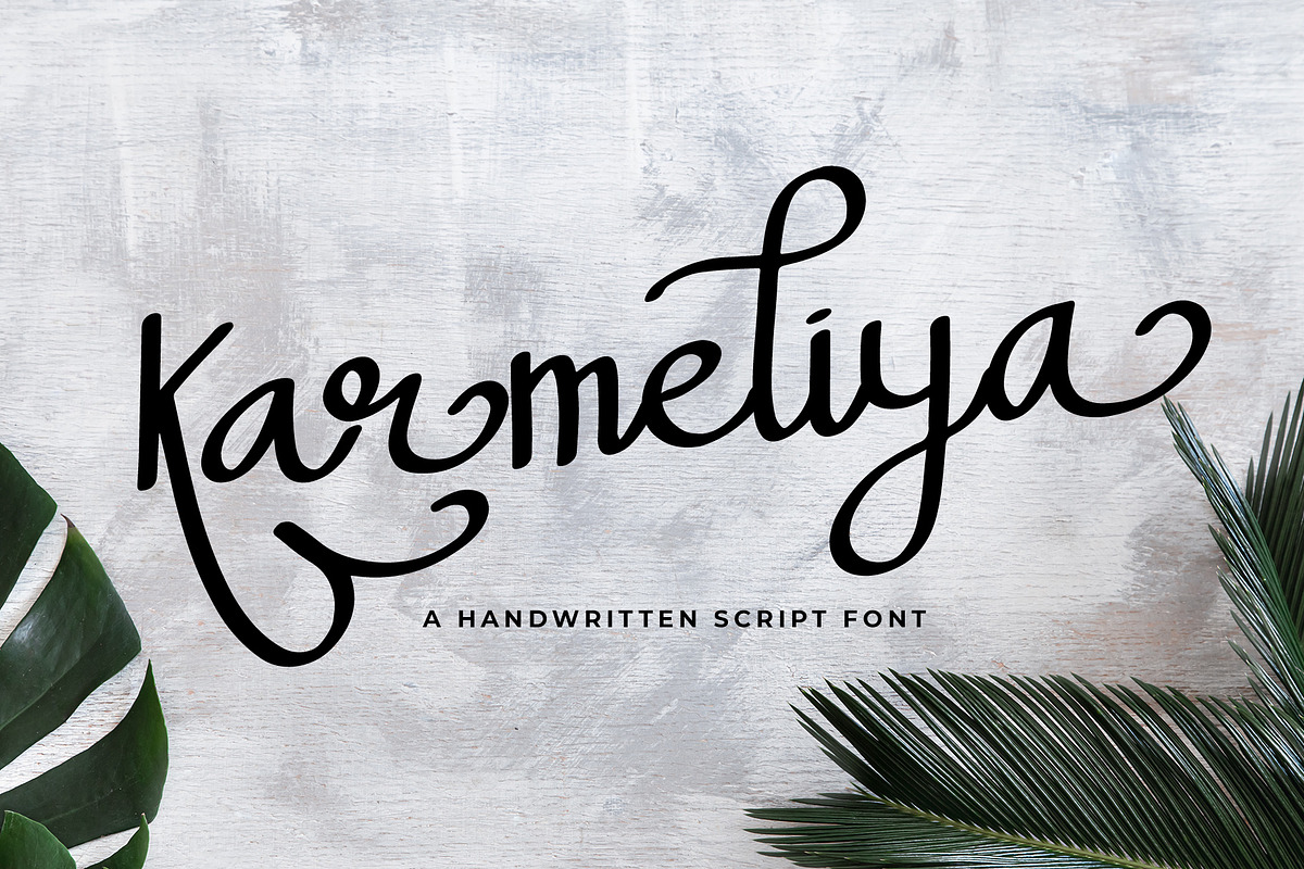 Karmeliya a Handwritten Script Font, a Script Font by Dawnside Graphic (Photo 1 of 13)