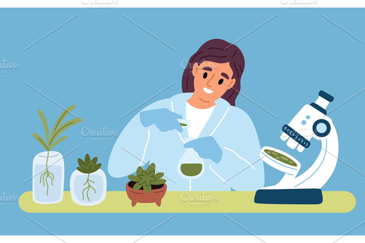 Young female scientist studies plant, an Illustration by Vectorbuum