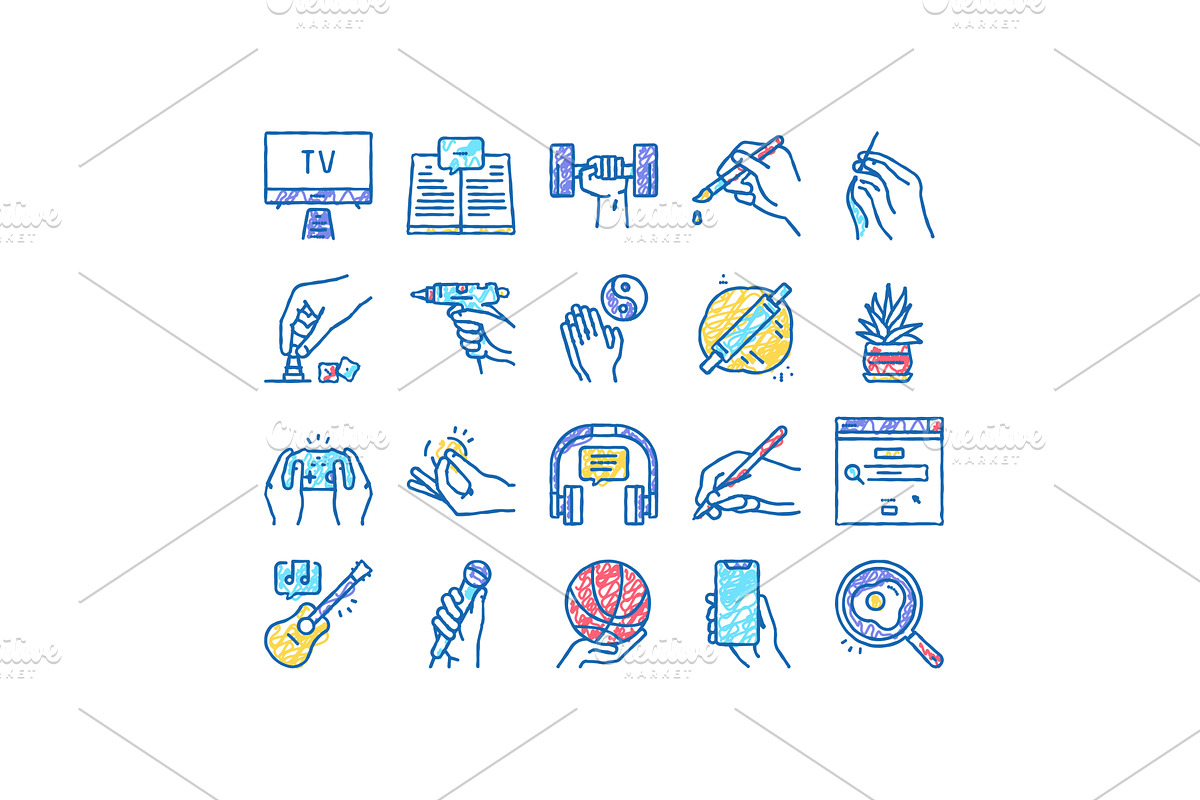 Hobby Leisure Time set Icons hand, an Object Illustration by pikepicture
