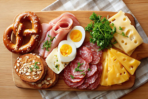 Delicious breakfast spread with pretzels and cheese, a Food & Drink Photo by AlyaAnd