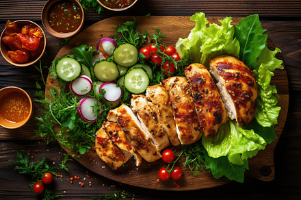 Baked chicken fillet with vegetables on wooden background. Generative AI, a Food & Drink Photo by AlyaAnd